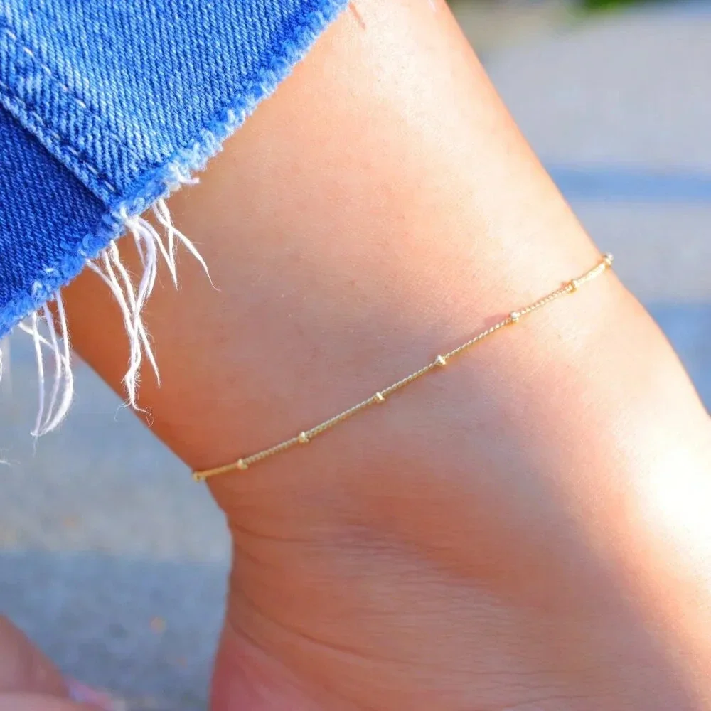 💛GORGEOUS ROUNDED BEADS ANKLET ESSENTIAL CHAIN SOLID GOLD BRACELET, ELDM22337